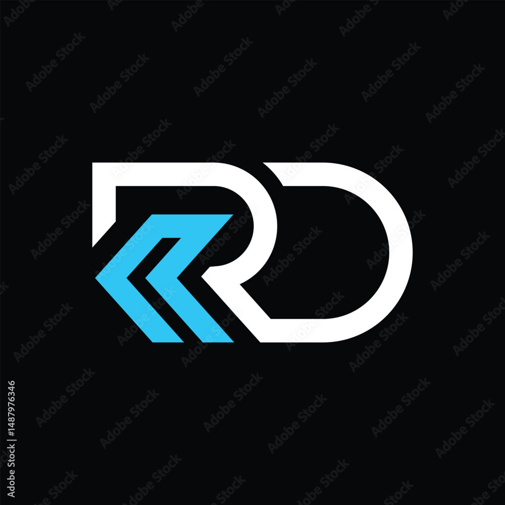 Poster this is a monogram image of a connected letters rd with arrow in modern font style that looks bold i
