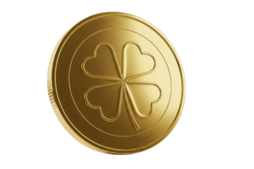 Golden coin with four leaf clover symbol isolated on transparent