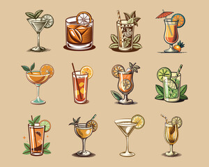 Summer cocktails refreshing drinks in various glasses with fruits and mint, Set of summer drink, tropical beach drink vector illustration