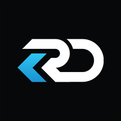 this is a monogram image of a connected initials RD with arrow in modern font style that looks bold in white and blue color on a black background