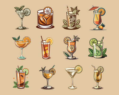 Summer cocktails refreshing drinks in various glasses with fruits and mint, Set of summer drink, tropical beach drink vector illustration