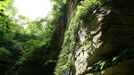 Sunlight filtering through lush vegetation on rocky canyon walls.