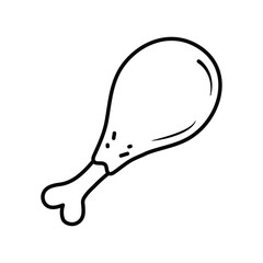 A clean black and white line art illustration of a chicken drumstick. The drawing shows the bone and meat of a cooked chicken leg, suitable for food, poultry, and barbecue themes.