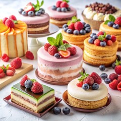 Assorted gourmet cakes and pastries adorned with fresh berries and other fruits