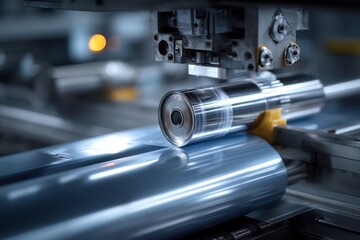 Close-up of industrial machinery processing shiny metallic sheet metal in a manufacturing environment with technical components