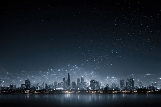 Cityscape at night with glowing network connections above skyline, water reflection and starry sky, urban technology integration