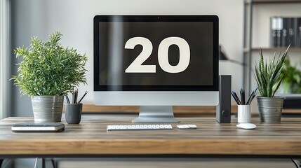 Modern workspace desktop with computer display showing 20, potted plants, and office supplies