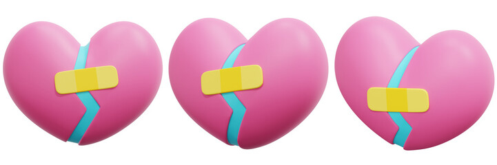 Set of Broken pink hearts with bandages, embodying healing and care 3d Render Icon Illustration
