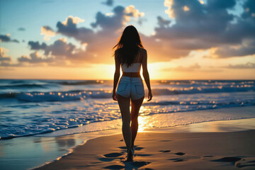 Fototapeta premium A woman with long dark hair walks along a sandy beach at sunset, silhouetted against the vibrant sky and ocean waves.