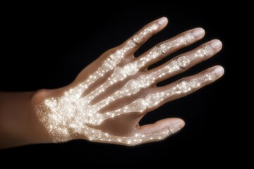 Fototapeta premium Innovative visualization of a human hand showcasing a digitally-enhanced skeletal structure with luminous connections illustrating the intersection of anatomy and technology in modern healthcare