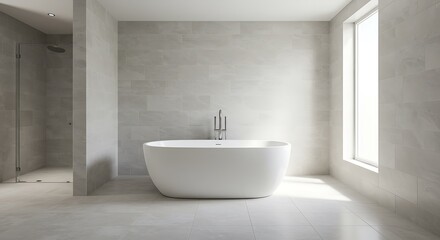 Modern minimalist bathroom boasts serene natural light gleaming off smooth surfaces. AI Generated