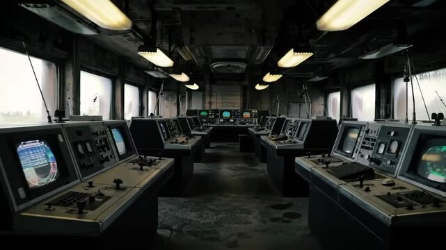 Abandoned control room with old computers and monitors. Derelict military command center or surveillance facility. Post-apocalyptic or cold war era atmosphere