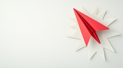 Escape exit minimalist. A red paper airplane sits on a white starburst shape against a minimal light background, symbolizing creativity and innovation.