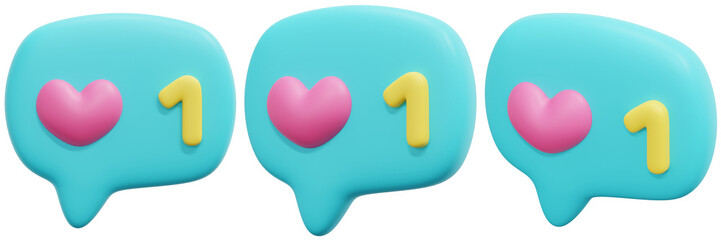 Set of Colorful Speech Bubbles with Hearts and Numbers for Social Media Engagement 3d Render Icon Illustration