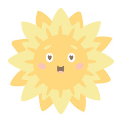 Vector sun. Cute children's illustration on a white background. Cheerful orange sun smiling