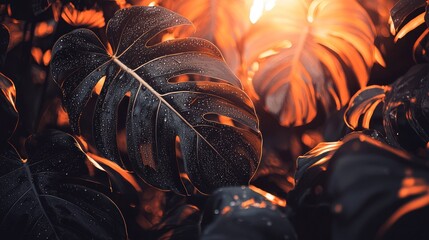 Close-up view of dark tropical leaves illuminated by warm light.