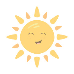 Vector sun. Cute children's illustration on a white background. Cheerful orange sun smiling
