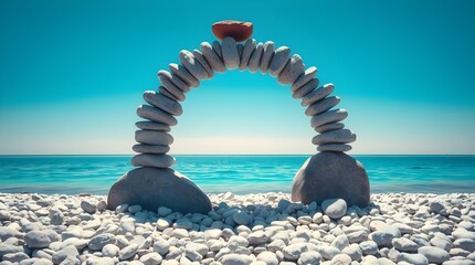 Serene Coastal Nature A Balanced Rock Archway on a Pebble Beach