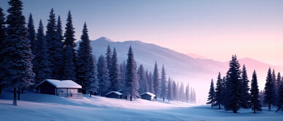 Fototapeta premium Cozy Snowy Scene with Homes Surrounded by Snow-Covered Trees at Dusk in a Winter Wonderland