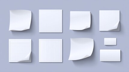 Set of paper sticker tags in varied shapes with folded edges and shadows Isolated white background Memo mockup illustration