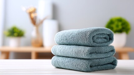 Spa towels stacked on white table Bathroom interior background with space for text