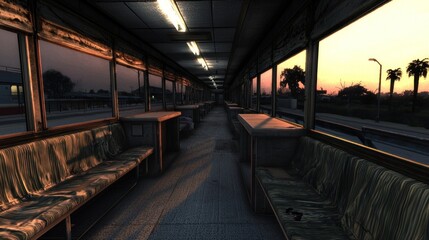 Fototapeta premium Abandoned train carriage interior at sunset with empty seats and fading light casting shadows