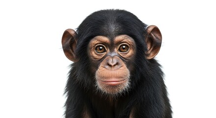 Fototapeta premium Adorable baby chimpanzee stares intently brightly lit against white background. AI Generated