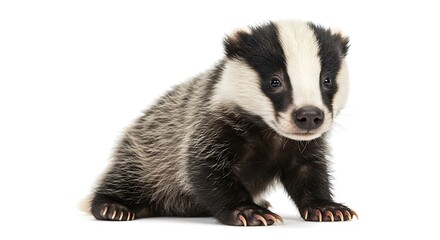 Fototapeta premium Adorable baby badger sits calmly against bright white background. AI Generated
