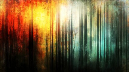 Colorful, textured abstract forest scene with vibrant hues.