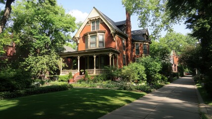 Victorian Era Red Brick House with Ornate Detailing and Landscaped Garden