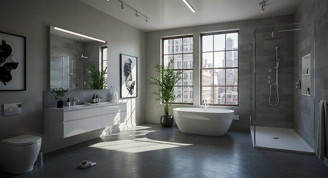 Modern minimalist bathroom bathed in soft sunlight showcases sleek fixtures and calming neutral tones. AI Generated