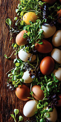 A vibrant arrangement of assorted eggs nestled amidst fresh greens on a rustic wooden surface, showcasing the beauty of natural ingredients and the essence of farm-to-table cooking.