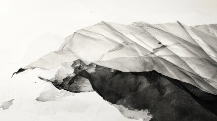Abstract grayscale painting of crumpled, torn paper.