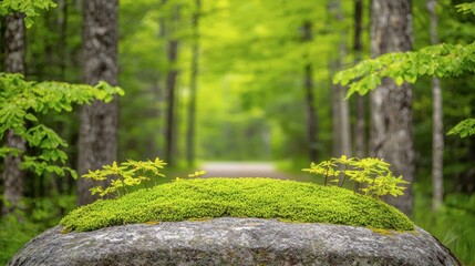 Lush green forest path with moss-covered stone.