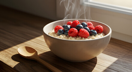 Nutritious Morning Delight: A steaming bowl of oatmeal, adorned with a vibrant medley of fresh raspberries and blueberries, rests invitingly on a wooden surface, illuminated by soft morning light.