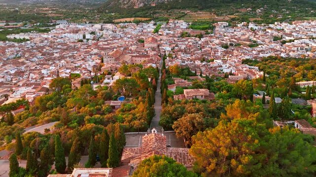 Aerial view of the picturesque town of Pollensa in Mallorca, Spain.