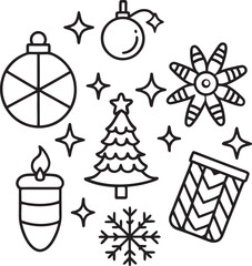 Naklejka premium Christmas Santa and different items set with line art. 