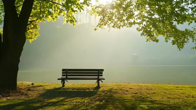 Serene park bench positioned under a large tree with morning mist and golden sunlight streaming through. The tranquil scene remains still as soft light illuminates the empty bench.
