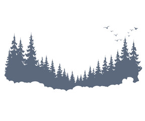 Serene Silhouette of a Pine Forest with Birds in Flight
