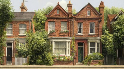 Obraz premium Victorian Terraced Houses with Lush Greenery on a Sunny Day