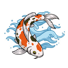 Koi Fish with Blue Waves Vector Art