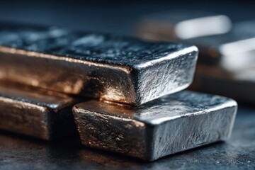 Shiny Cast Silver Ingots Stacked on Metallic Surface for Secure Investing and Materials Science Applications