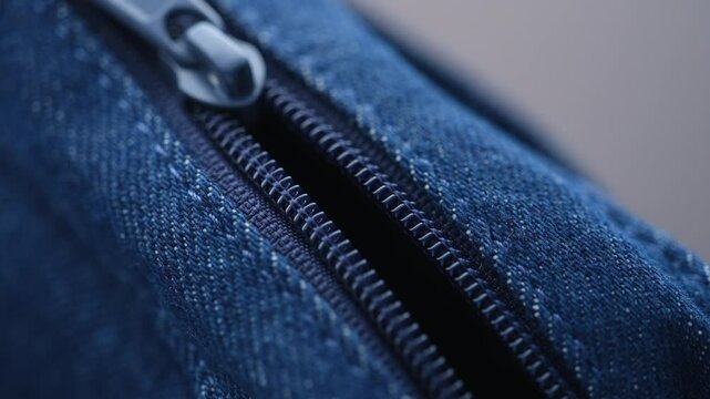 Close-up of a zip on a denim bag.