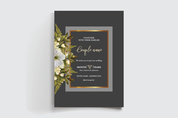 WEDDING INVITATION FRAME WITH FLOWER DECORATIONS AND FRESH LEAVES