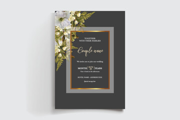 WEDDING INVITATION FRAME WITH FLOWER DECORATIONS AND FRESH LEAVES