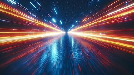 Blurring streaks of light in blue & orange, conveying speed. Perspective view into vanishing point