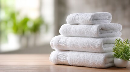 Clean white towels stacked on bathroom table Closeup view with fresh textile texture