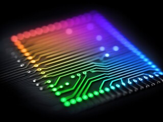 Colorful illuminated circuit board showcasing advanced technology with intricate designs reflecting innovation in electronics and digital connectivity captured in stunning detail