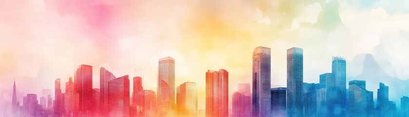 Fototapeta premium Vibrant City Skyline Depicted in Colorful Watercolors with Dynamic Hues Creating a Playful and Artistic Urban Atmosphere at Dusk