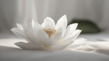 Fototapeta premium Serene white lotus flower blooming gracefully on soft fabric, illuminated by gentle sunlight